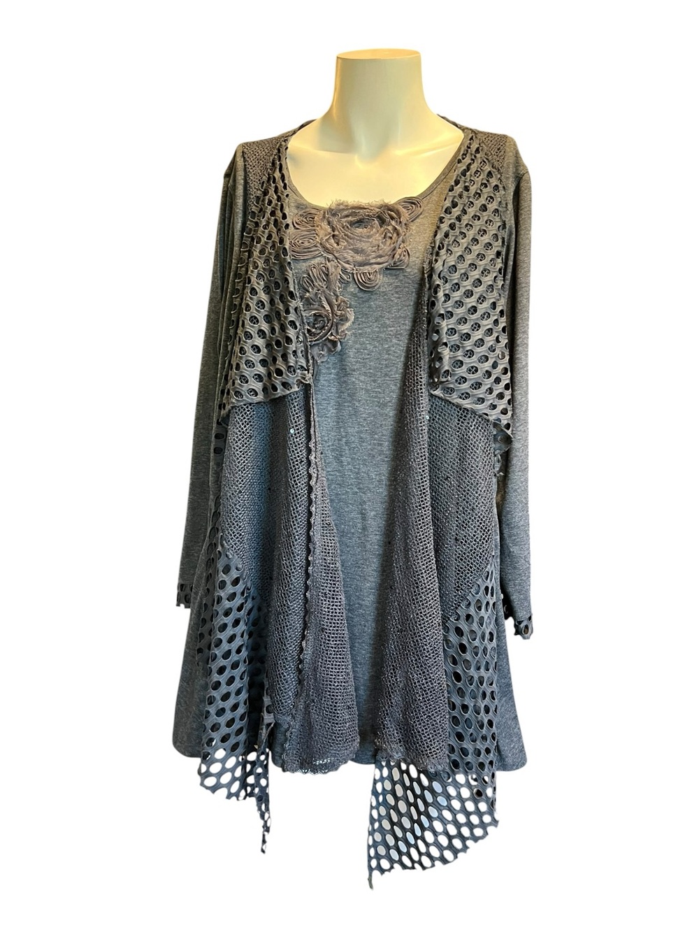 Ali Miles Gray Open-Front Layered Knit Cardigan